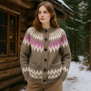 ABERCROMBIE & FITCH Wool Blend Fair Isle Nordic Cardigan Sweater Gray Pink S